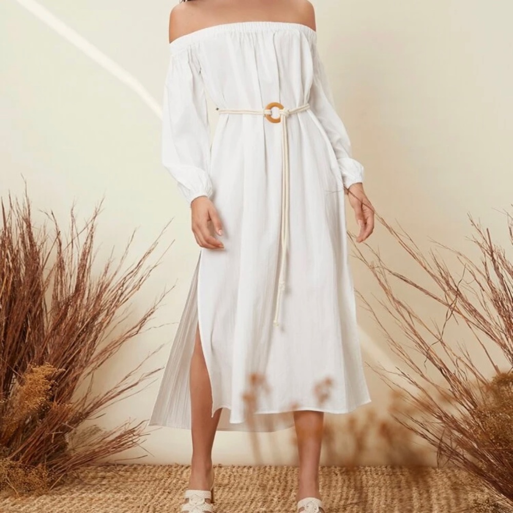 White Off-the-Shoulder Belted Dress